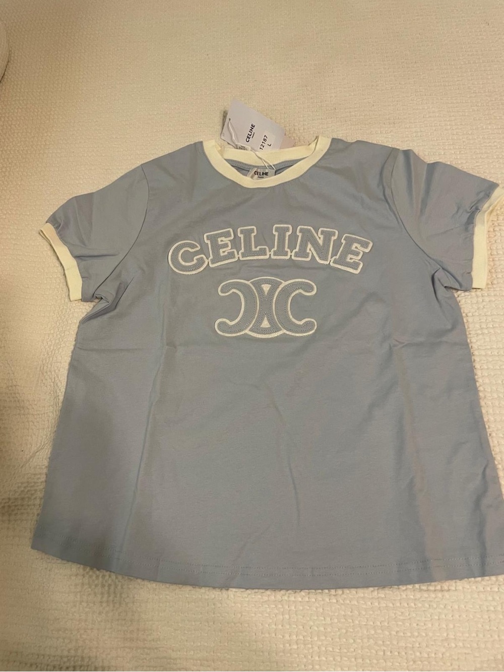 Celine Light Blue Tee with Cream Trim and Logo
